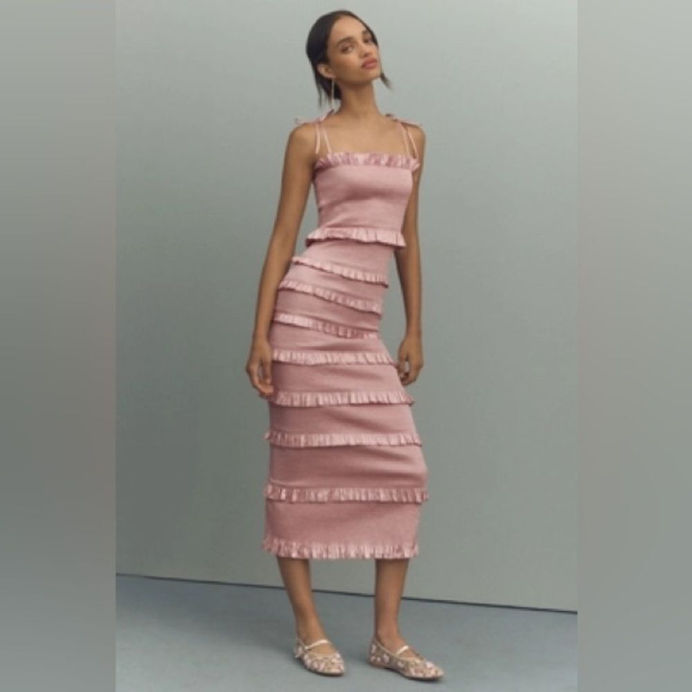 V. Chapman Pink Ruffle-Trim Midi Dress